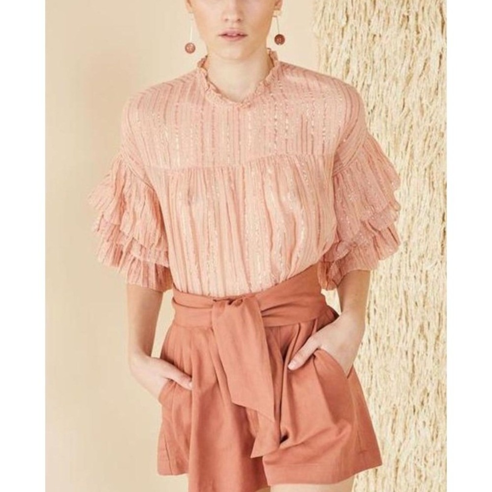 Ulla Johnson Deniz Pink Metallic Stripe Ruffle Sleeve Cotton Blouse Top US 4 / S - Picture 8 of 9